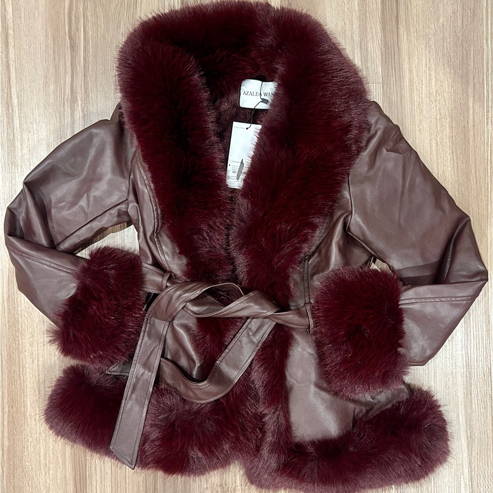 AZALEA WANG Kenzy Faux Leather And Faux Fur Coat Burgundy Size Medium - Picture 2 of 12